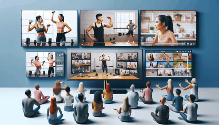 Engaging diverse audiences with fitness tutorials, expert interviews, and behind-the-scenes vlogs displayed on screens.