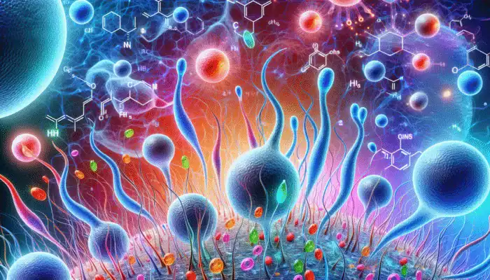 Microscopic view of hormone-influenced hair follicles with colourful chemical structures.