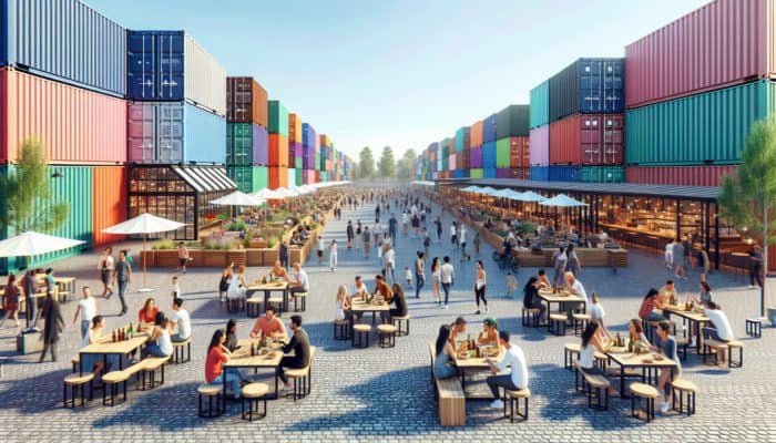 A vibrant downtown park with colourful shipping containers turned into bars and restaurants, where people enjoy drinks in an industrial, artistic setting.