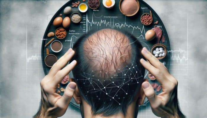 Scalp exhibiting thinning, brittle hair and patch loss next to protein-rich foods like eggs, meat, and legumes.