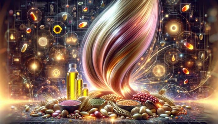 Lustrous hair strands enriched with omega-6 fatty acids, surrounded by nuts, seeds, and oil bottles.