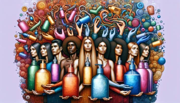 A diverse group with various hair types holding shampoos suited to their needs, vibrant background.