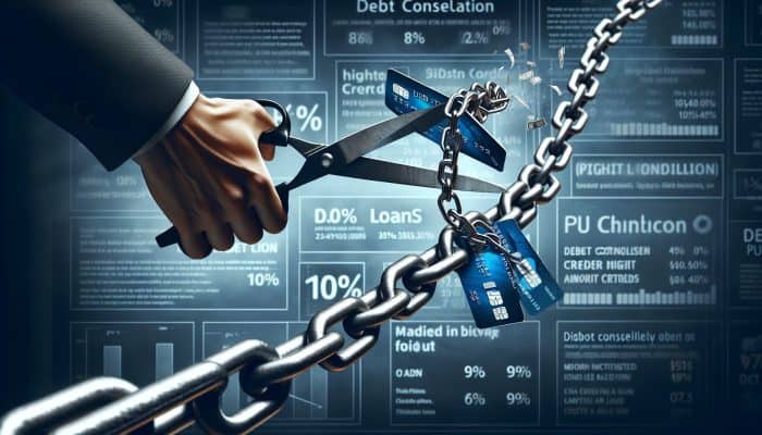 Person cutting high-interest credit card chains, transitioning to a single 10% loan chain, symbolizing debt consolidation.