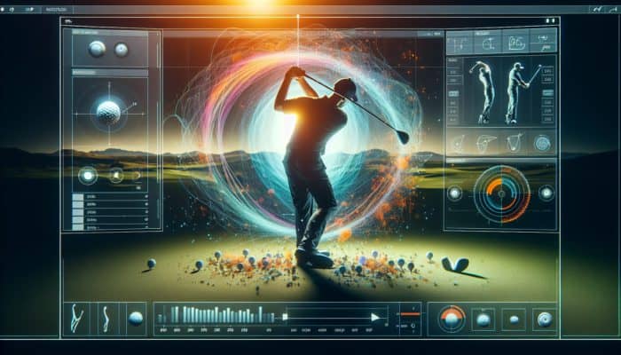 Golf swing analysis software interface showcasing slow-motion playback, drawing tools, and side-by-side comparison feature.