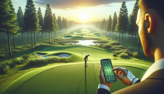 Golfer using smartphone app at a picturesque sunset golf course to analyse swing data.