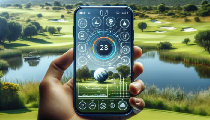 A sleek golf app interface on a smartphone displaying clear graphics and touch controls, set against a picturesque South African golf course.