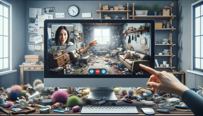 Digital platform showcasing a virtual home tour with a homeowner on a video call, guiding through a cluttered room.