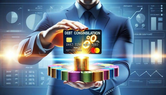 Debt Consolidation for Multiple Credit Cards: A UK Guide | DCL Individual transferring colourful credit card balances to a new card with "0%" symbol, showcasing debt consolidation.