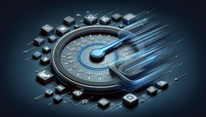 A digital speedometer illustrating reduced HTTP requests with icons of images, stylesheets, and servers connected by data streams.