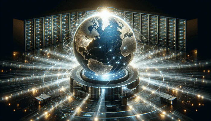 Digital globe with interconnected servers and data streams, illustrating a CDN's global enhancement of site speed and user experience.