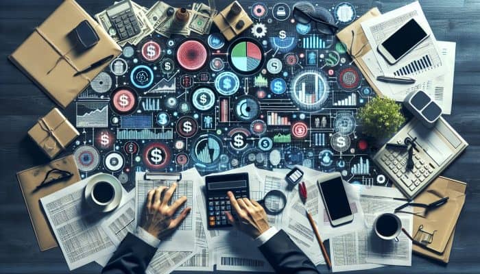 A detailed budget chart with financial documents, calculators, and graphs showing the debt consolidation impact on a desk.