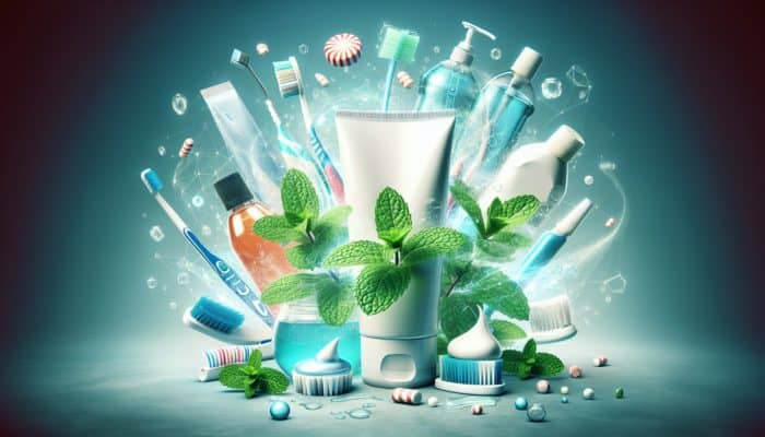 Illustration of peppermint leaves and dental products like toothpaste and mouthwash, symbolising fresh breath.