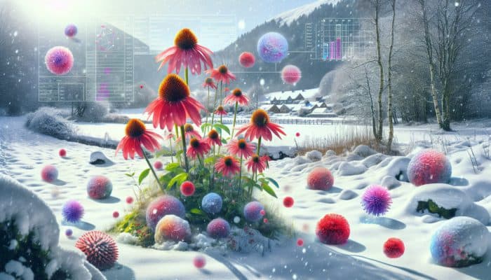 Illustration of Echinacea flowers in snowy UK landscape, symbolising immune boosting and cold prevention.