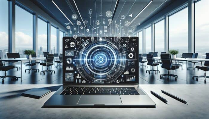 A laptop displaying a customised email with tech and marketing icons, set in a modern office.