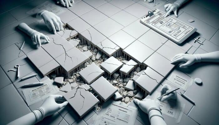 Cracked and uneven porcelain tile floor, demonstrating the effects of poor installation.
