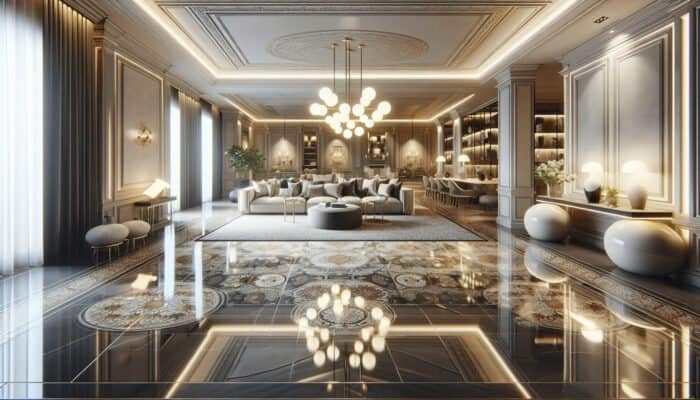 Revitalised porcelain tiles in an elegant home interior, shining and enhancing the sophisticated ambience.