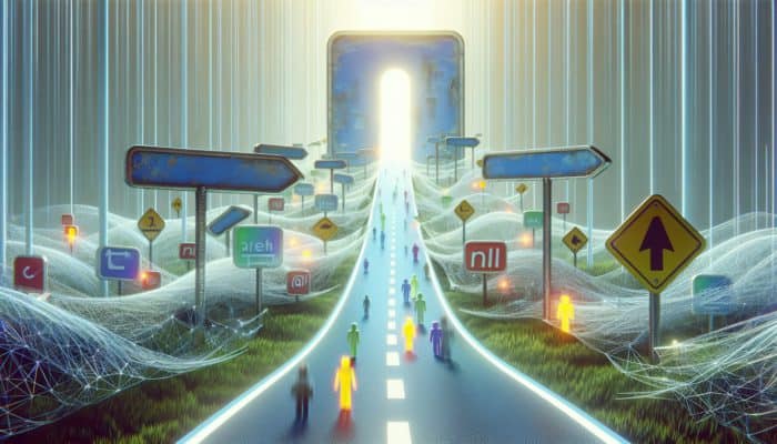 Utilising 301 Redirects for Link Equity: A digital representation of transitioning from an outdated URL to a new, vibrant URL, illustrating a seamless 301 redirect journey, guiding both search engine bots and users.