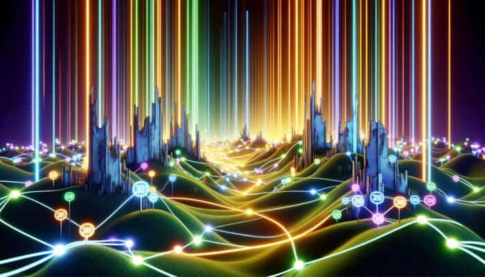 Illuminated pathways connecting old, faded URLs to new, vibrant ones, symbolising the preservation of link equity during website rebranding.