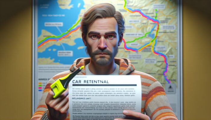 A traveller scrutinising a car rental agreement, apprehensive about mileage limits, with a road trip map in the background.