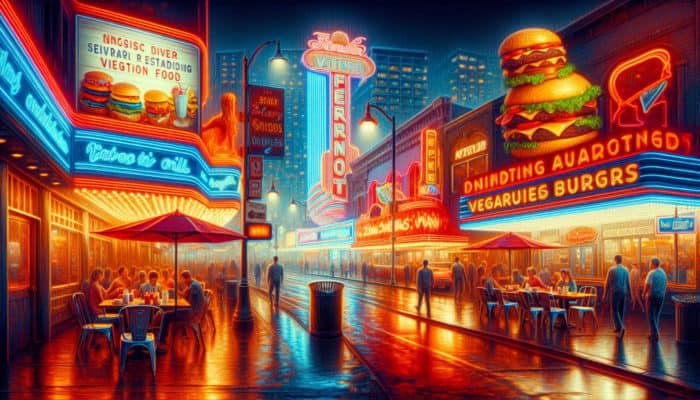 Fremont Street illuminated at night, highlighting budget-friendly restaurants like VegeNation and Heart Attack Grill.