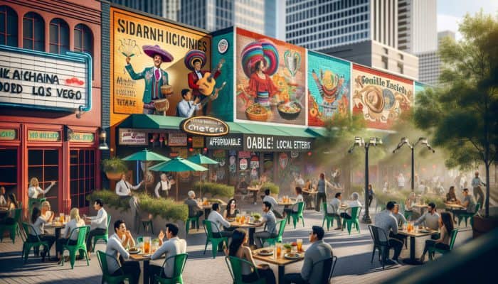 A bustling outdoor dining scene in downtown Las Vegas, featuring street performers entertaining diners at local eateries.