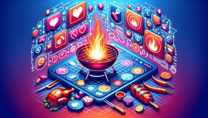 A dynamic social media platform displaying popular BBQ hashtags and high user interaction.