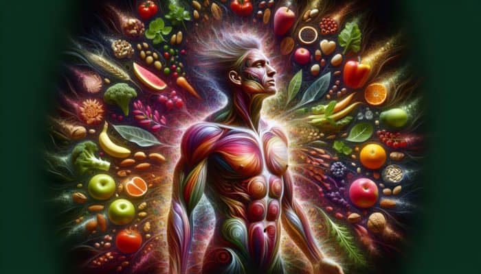 A vibrant individual with glowing skin surrounded by healthy foods, symbolising the benefits of Whole30.