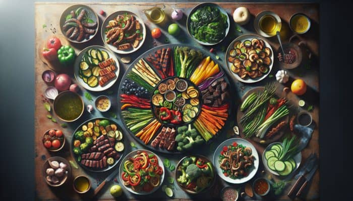 Colourful Whole30 meal plan featuring Mediterranean and Asian dishes displayed on a rustic table.