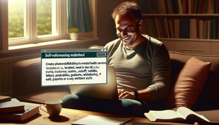 A man in the UK uses a laptop to self-refer to IAPT mental health services at home.