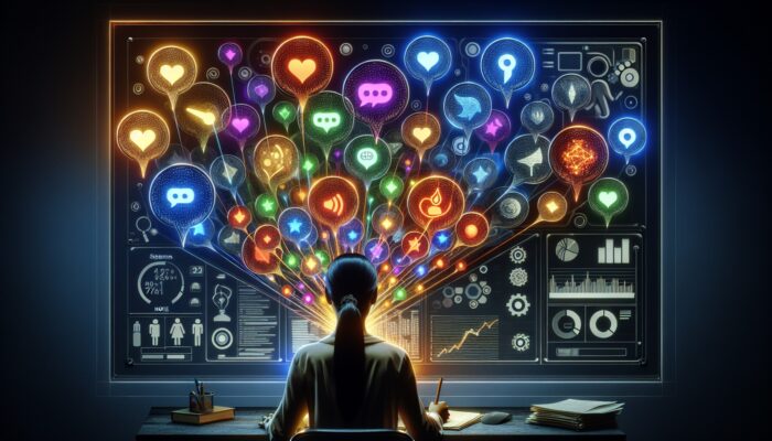 A person evaluating user feedback bubbles on a digital interface, distinguishing valuable insights from irrelevant noise.