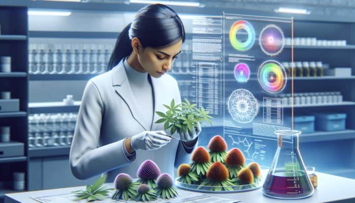 A scientist examines fresh echinacea herbs in a lab, comparing their scent and colour to lab analysis results for quality assurance.