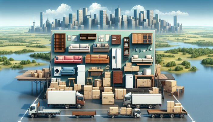 Furniture, appliances, and boxes loaded into various pickup trucks, in urban and rural settings with diverse terrains.