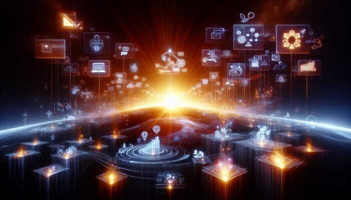 E-commerce website icons, SEO graphs, and glowing customer testimonials rising, symbolising SEO enhancement.
