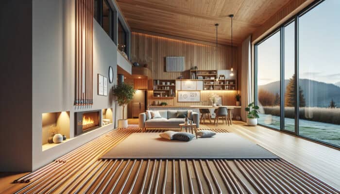 Hydronic Radiant Floor Heating Services in Langley: A contemporary home in Langley featuring hydronic radiant floor heating; warm water pipes under a stylish wooden floor heating a cosy minimalist living room.