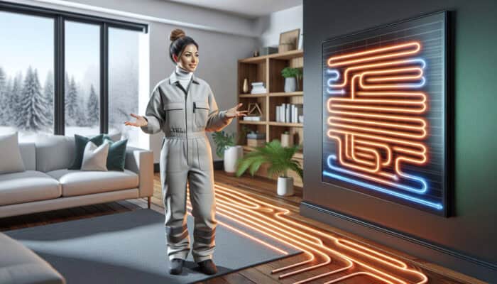 A modern living room showcasing a hydronic radiant floor heating system, with a professional discussing its benefits in Langley.