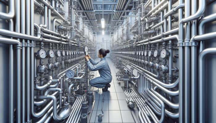 A technician inspecting the pressure gauge on a hydronic heating system in a well-maintained boiler room.