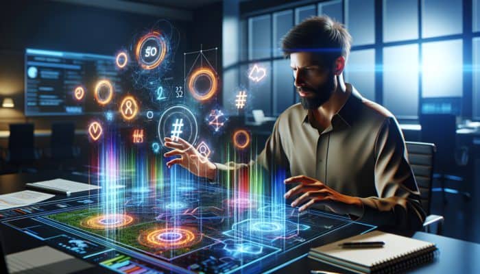 A digital marketing expert examining trending hashtags on a futuristic screen adorned with SEO graphs and vibrant data visualisations in a contemporary office.