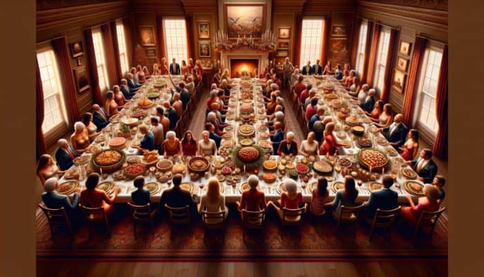 A festive table filled with various dishes, surrounded by a joyful family and friends in an elegantly decorated dining room.