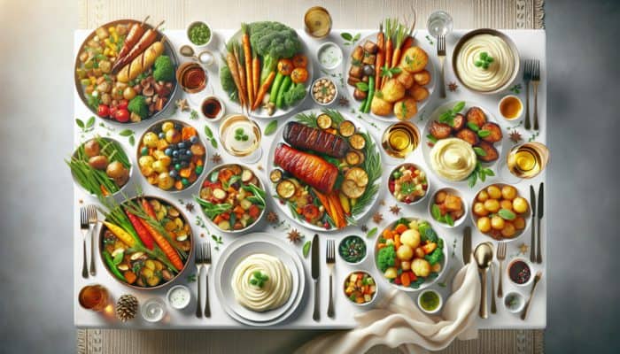 A festive table showcasing dishes with contrasting flavours and textures: sweet vegetables, savoury meats, creamy potatoes, crispy carrots, warm and cool options.