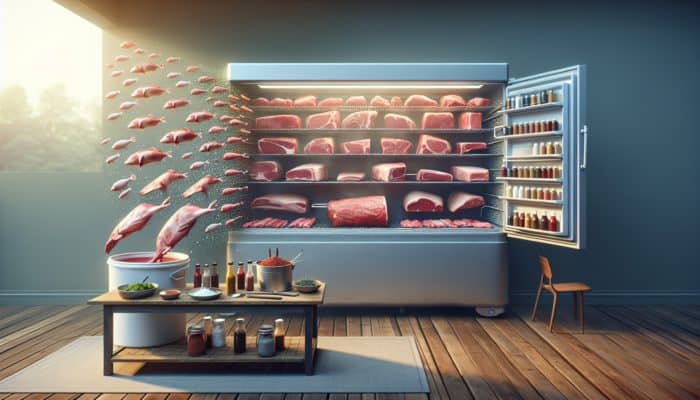 High-quality meat cuts marinating in rubs and sauces, labelled and stored in a cooler for competition.