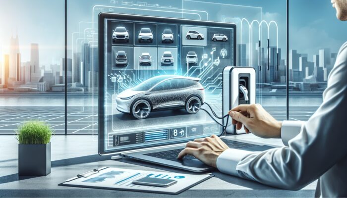 Individual finalising EV rental on a laptop, showcasing EV models on the screen, with a charging station and a city skyline in the background.