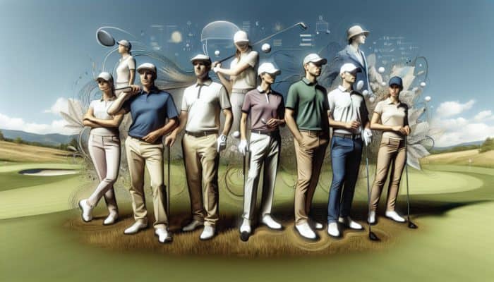 Golf professionals showcasing premium golf apparel brands on a vibrant green course.