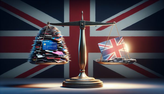 A balance scale with credit cards and loans on one side, and a glowing loan document on the other, set against the backdrop of the UK flag.