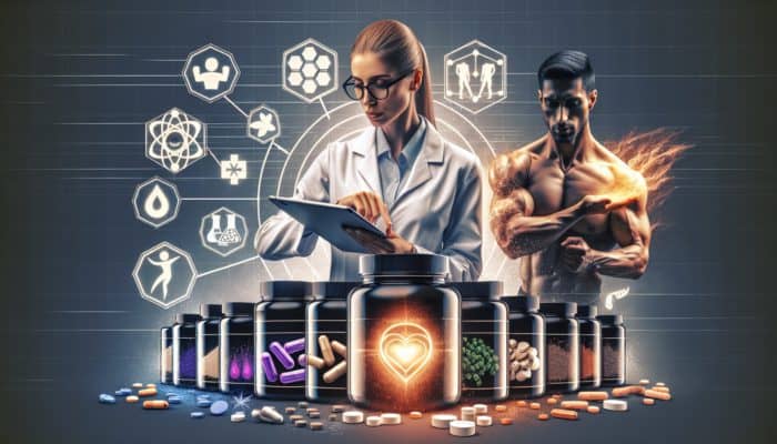 Individual comparing labels of recovery supplements, focusing on icons for muscle repair, inflammation reduction, and energy restoration.