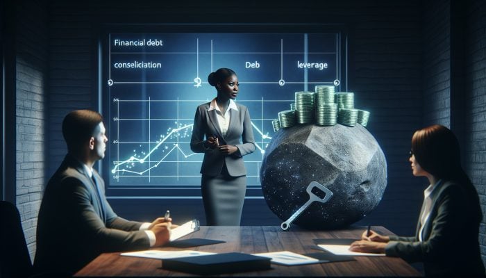 Financial advisor's office showcasing charts, discussing strategies for consolidating £50,000 debt with a client taking notes.