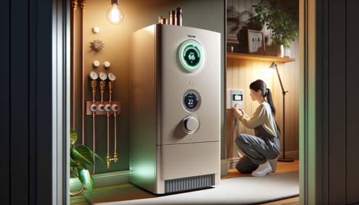 Modern boiler in a cosy home, equipped with a smart thermostat, and under technician maintenance, showcasing optimal pressure gauges for energy efficiency.