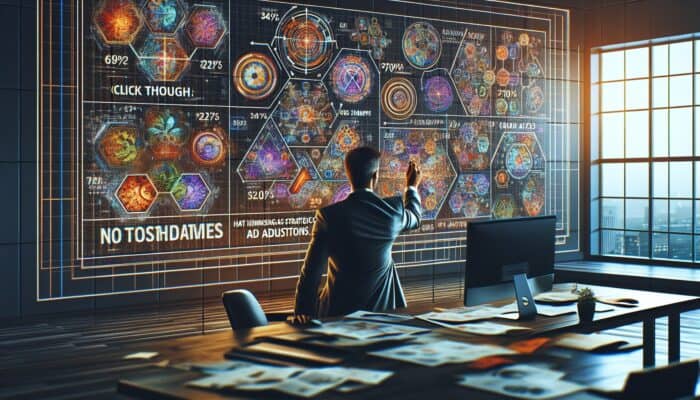 A digital dashboard with graphs and charts analysing CTR data, an analyst comparing industry benchmarks in a modern office.