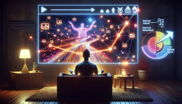 A viewer engaged with a playlist on a screen, graphs illustrating increased retention, in a cosy room.