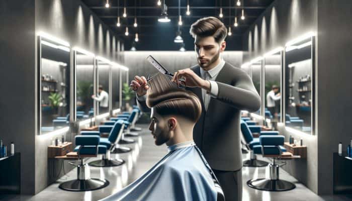 A barber meticulously cutting long layers in a man's hair in a contemporary shop with mirrors and focused lighting.