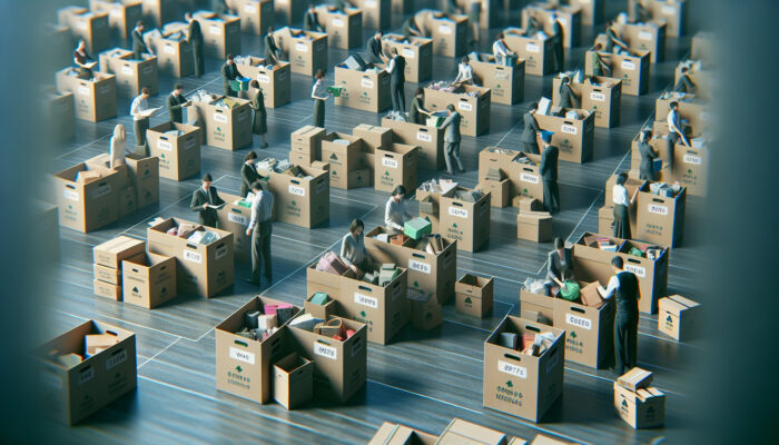 Professionals sorting personal items into labeled boxes, recycling, symbolizing a fresh start and emotional relief in a serene room during house clearance.